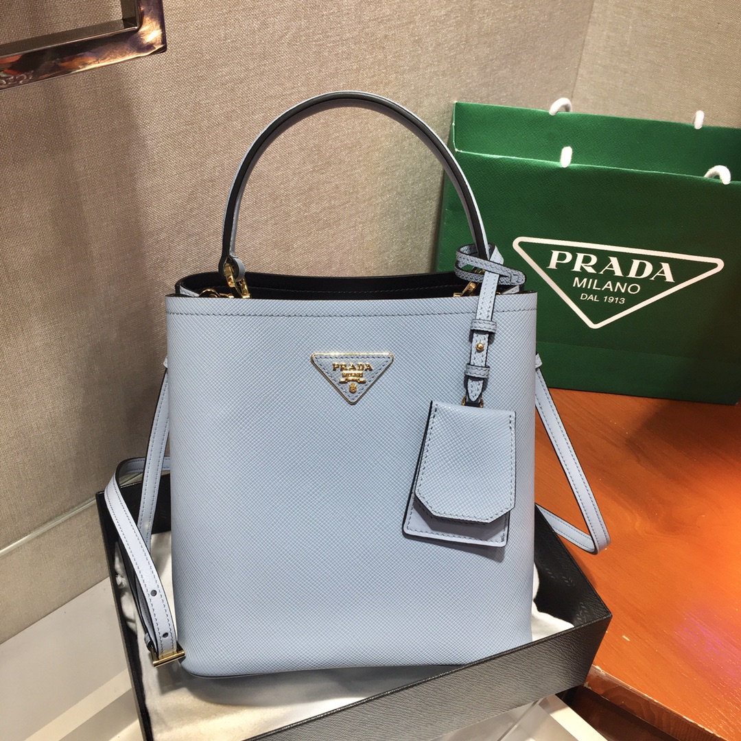 Prada Medium Panier Saffiano Leather Bag Blue Pale/Black 1BA212